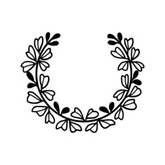 Hand drawn monochrome leaf wreath element for wedding invitation, greeting cards, decoration, botanical frame, or banner. Summer, spring, and autumn botany element