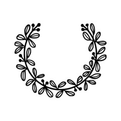 Hand drawn monochrome leaf wreath element for wedding invitation, greeting cards, decoration, botanical frame, or banner. Summer, spring, and autumn botany element