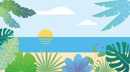 Fototapeta na wymiar Tropical seascape flat fantasy view background template. Exotic plants and palms. Sun and clouds. Trendy design vector illustration.