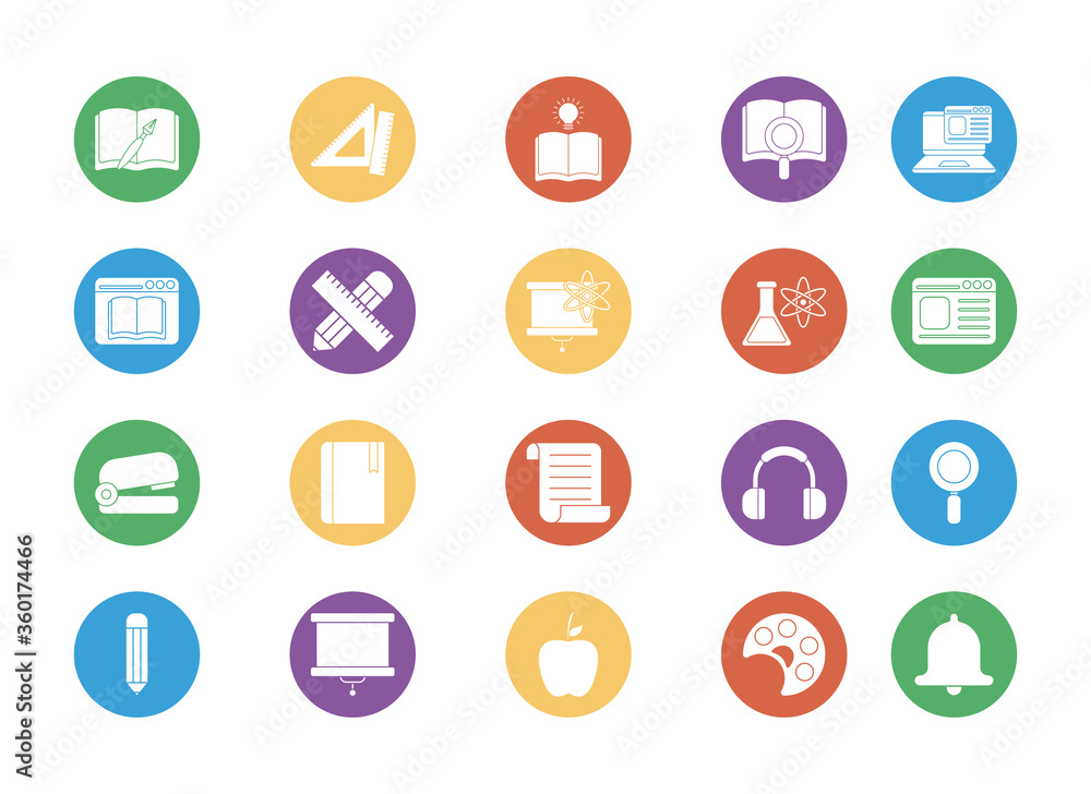 Poster education school and university block style icon set vector design
