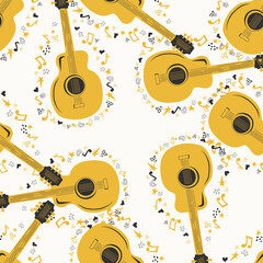 Musical seamless pattern with music notes, guitar. Hand-drawn country guitar, stars and elements.