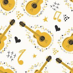 Hand-drawn musical seamless pattern with country guitar, stars, notes, symbols, objects and elements.