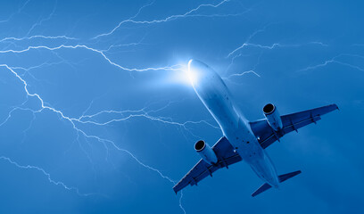 Airplane in the sky with thunder and lightning