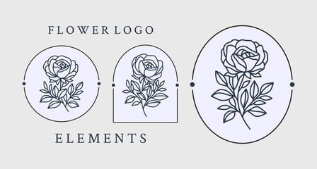 Set of hand drawn vintage rose logo elements