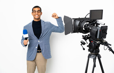 Reporter African American man holding a microphone and reporting news over isolated white...