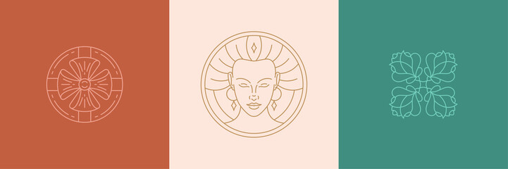 Vector line decoration design elements set - female face and rose illustrations simple linear style