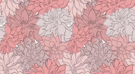 Beautiful seamless background with pink flowers. Hand-drawn black contour lines and strokes