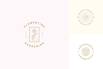 Vector line logos emblems design templates set - female gesture hand and rose flower illustrations simple linear style
