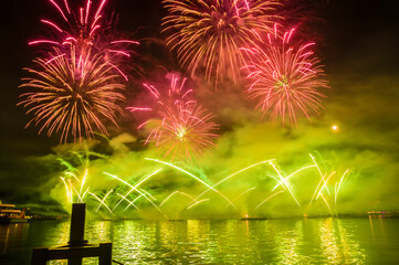 The spectacular fireworks on the Lake Geneva, Switzerland