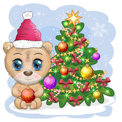 Cute cartoon bear with big eyes in a Christmas hat near a decorated Christmas tree.