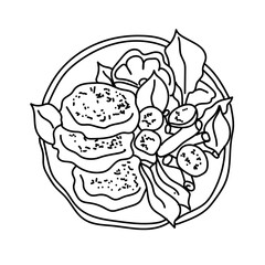 Tasty vegetarian dish made in style isolated on white background. A dish of chickpeas with tomato and spinach.  doodl style food. Food drawing for your menu or chalk board.