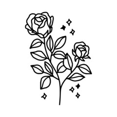 Hand drawn monochrome rose flower plant, leaf, and foliage element for wedding invitation, logo, symbol, greeting cards, decor, botanical icon, or banner. Summer, spring, and autumn botany element