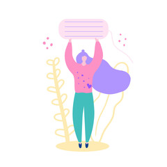 Woman holding big menstrual tampon. Monthly cycle, pms. Choose your own protection during your period. Flat vector illustration.