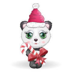Cute cartoon panda bear with big eyes in a red Santa Claus hat with a caramel cane. Greeting card