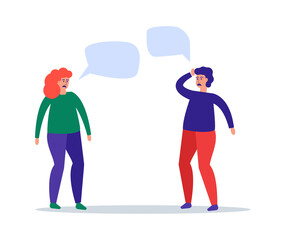 Two distressed characters are talking, a bubble of dialogue above them. Gossip, news, discussion. Flat vector illustration.