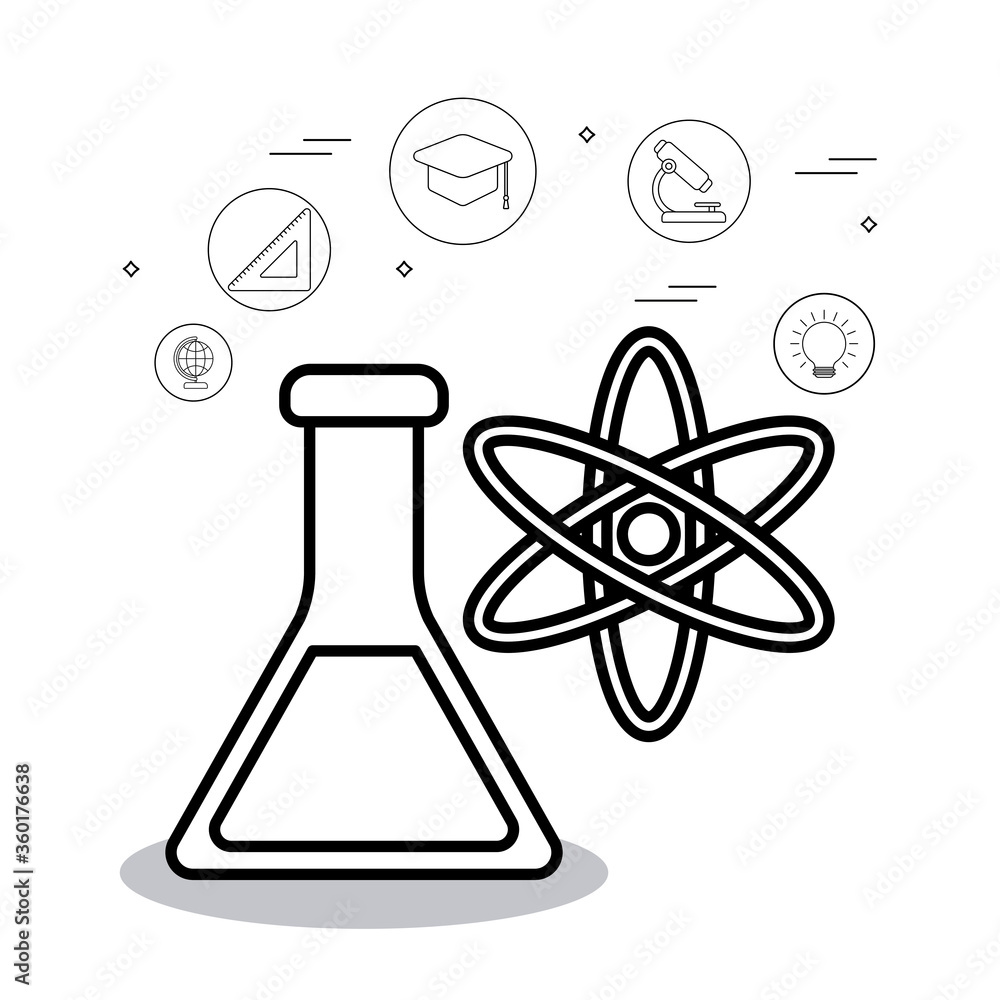 Poster flask with atom and icon set vector design