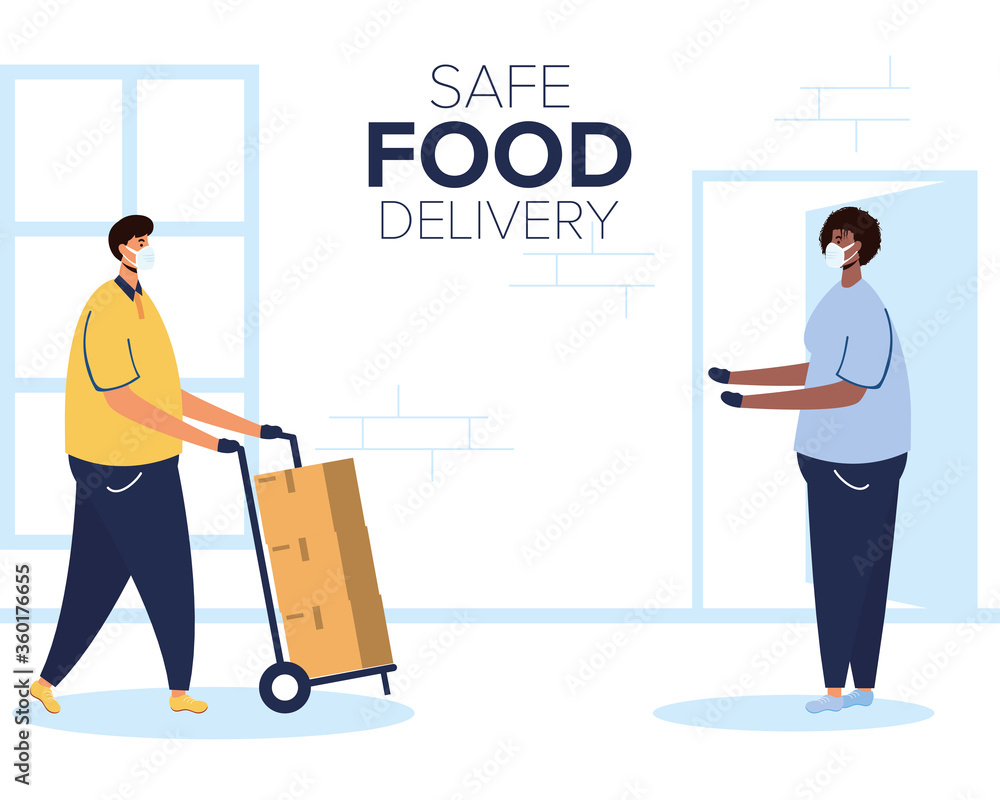 Poster safe food delivery worker with boxes in cart and client