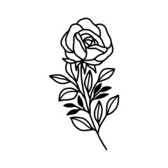 Hand drawn monochrome rose flower plant, leaf, and foliage element for wedding invitation, logo, symbol, greeting cards, decor, botanical icon, or banner. Summer, spring, and autumn botany element