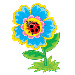 beautiful blue flower in the center of which a ladybug is sitting, cartoon illustration, isolated object on a white background, vector illustration,