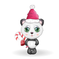 Cute cartoon panda bear with big eyes in a red Santa Claus hat with a caramel cane. Greeting card