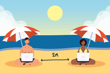 couple using laptop on the beach practicing social distancing scene ,summer time vacations