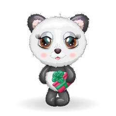 Cute cartoon panda bear with big eyes with a Christmas gift, greeting card, New Year and Christmas