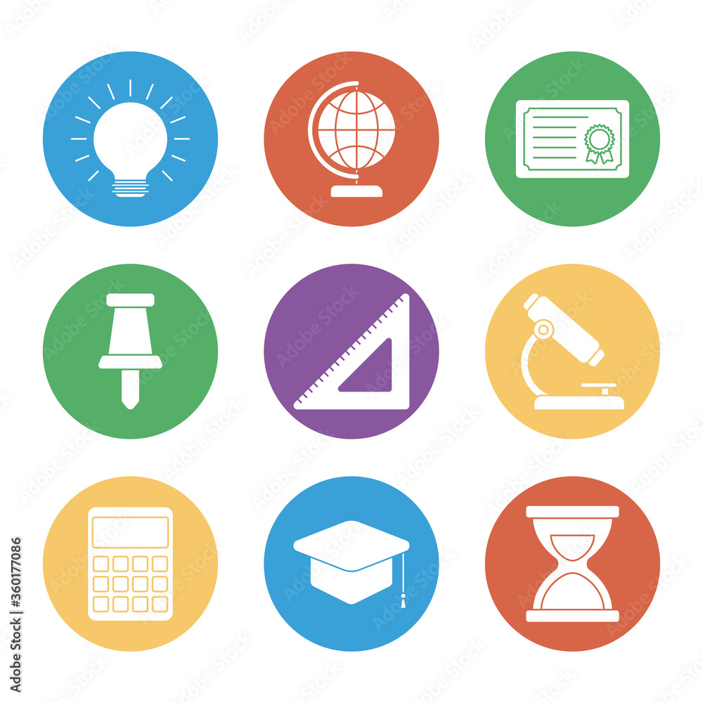 Poster education school and university block style icon set vector design