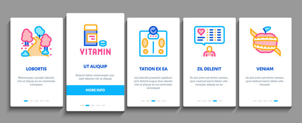 Healthy Lifestyle Onboarding Mobile App Page Screen Vector. Healthy Food Dish And Vitamin Pills, Sport And Walking, Non-alcohol And Non-smoking Color Illustrations