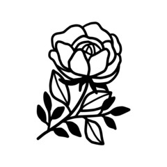 Hand drawn monochrome rose flower plant, leaf, and foliage element for wedding invitation, logo, symbol, greeting cards, decor, botanical icon, or banner. Summer, spring, and autumn botany element