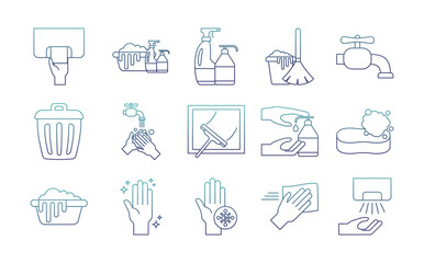 Cleaning service degraded line style icon set vector design