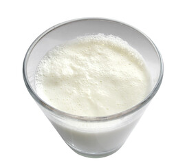 Boiled milk in a glass cup on a white background. Isolated