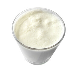 Boiled milk in a glass cup on a white background. Isolated