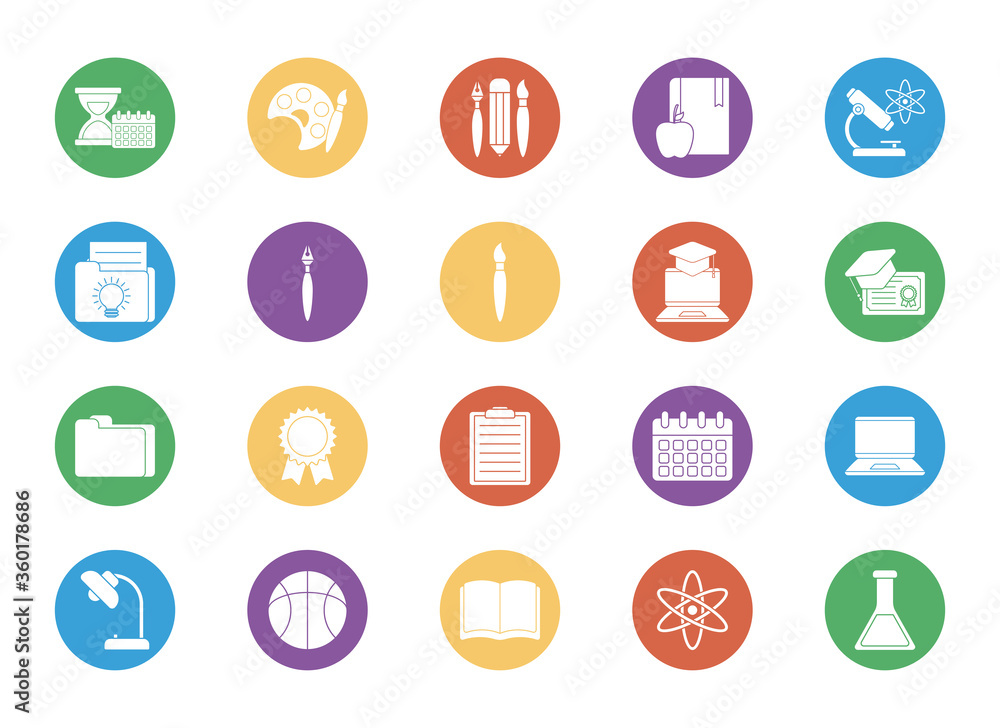 Poster education school and university block style icon set vector design