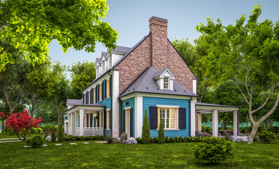 Fototapeta na wymiar 3d rendering of modern cozy classic house in colonial style with garage and pool for sale or rent with beautiful landscaping on background. Clear summer evening with cozy light from window