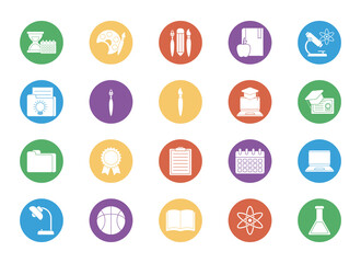 education school and university block style icon set vector design