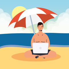 man using laptop on the beach summer vacations scene