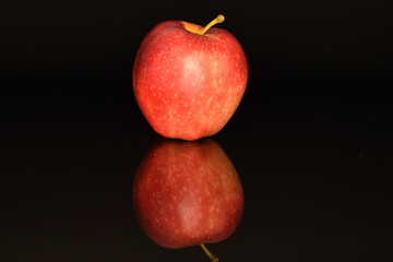 Red ripe apples, close-up, on a black background.