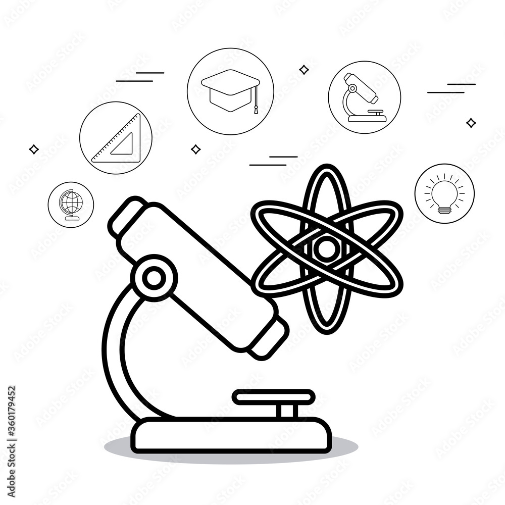 Aufkleber flask with atom and icon set vector design