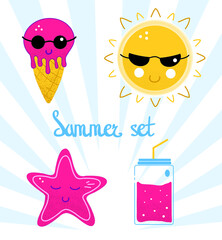 Set of funny cartoon summer characters: sun in black glasses, pink ice-cream, sea star and tropical cocktail. Doodle vector illustration