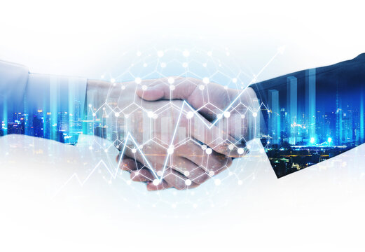 Business man handshake with network connection city graphic