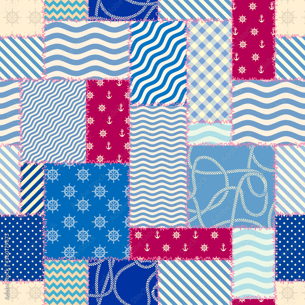 Aufkleber seamless pattern. patchwork pattern in marine style. vector illustration.