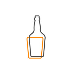 Simple line shape of whiskey bottle. One contour figure of a bottle, the second drink. Outline symbol whisky dark color. Sign liquid yellow. Isolated flat illustration on a white background