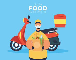 safe food delivery worker with groceries bag in motorcycle