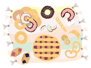 Pastry food. Bakery products, pie bread donuts on blanket. Picnic vector illustration