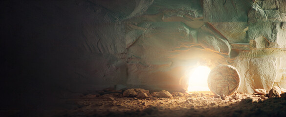 Fototapeta Christian Easter concept. Jesus Christ resurrection. Empty tomb of Jesus with light. Born to Die, Born to Rise. 
