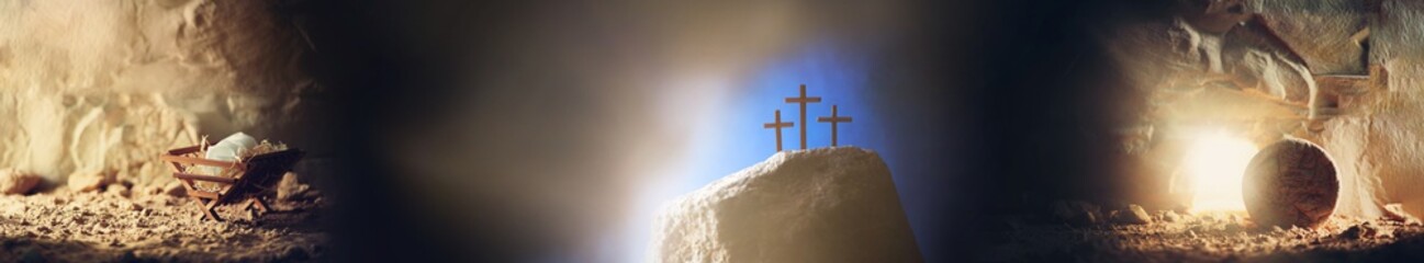 Christian Christmas and Easter concept. Chronology of Jesus life. Born to Die, Born to Rise. Wooden manger, cross on Calvary hill, empty tomb background. Jesus - reason for season. - obrazy, fototapety, plakaty