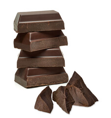 Broken chocolate bars stack, pieces and curls isolated on white background including clipping path