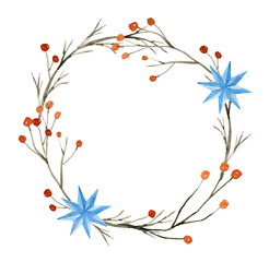 Watercolor wreath of tree branches with red berries and blue stars. Hand-drawn illustration isolated on the white background. Christmas eve theme.