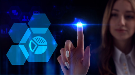 Business, Technology, Internet and network concept. Young businessman working on a virtual screen of the future and sees the inscription: