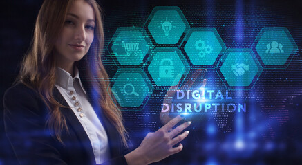 Business, Technology, Internet and network concept. Young businessman working on a virtual screen of the future and sees the inscription: Digital disruption
